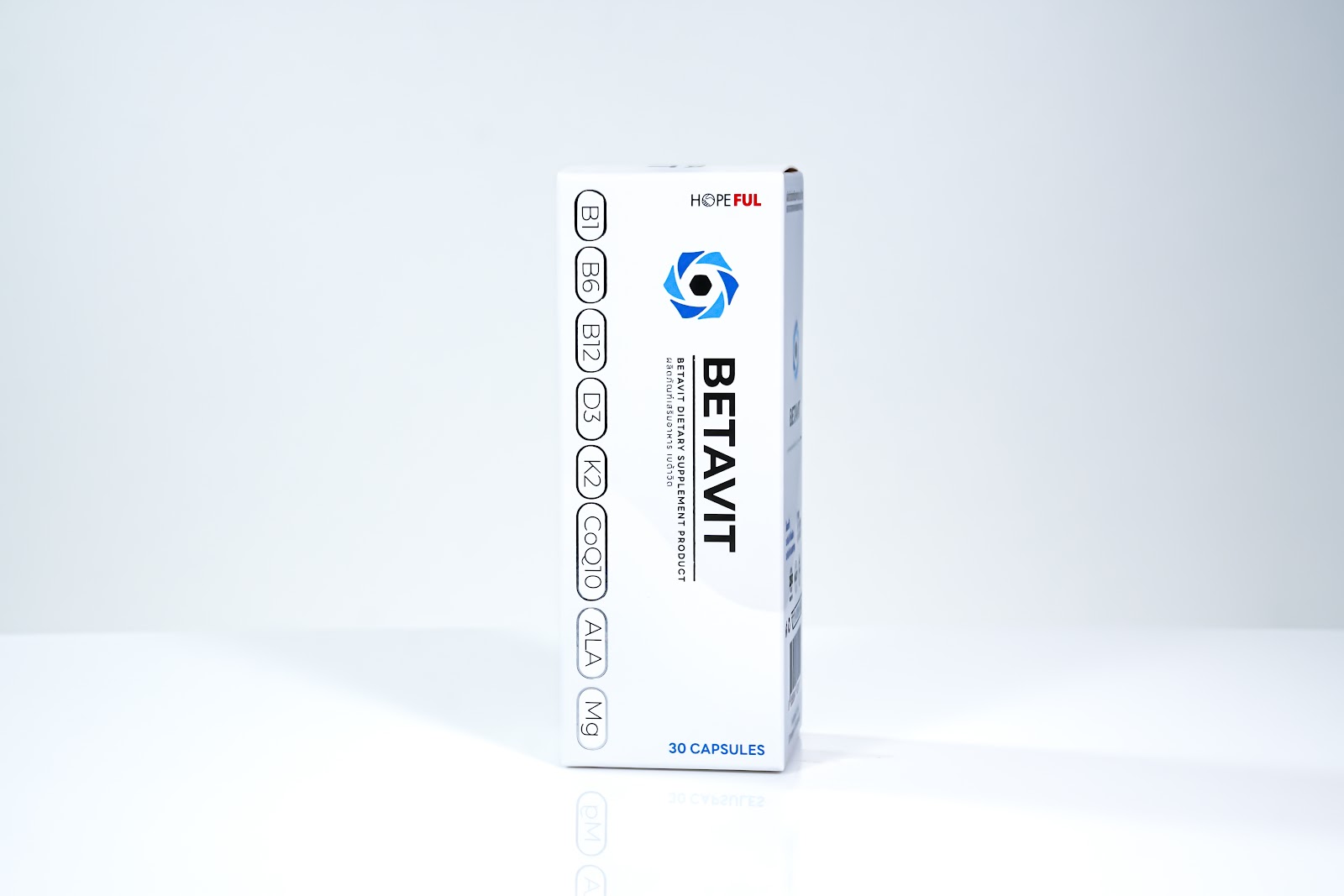 กล่องผลิตภัณฑ์เสริมอาหาร Beta Vit ของแบรนด์ Hopeful ด้านหน้า ระบุขนาดบรรจุ 30 แคปซูล