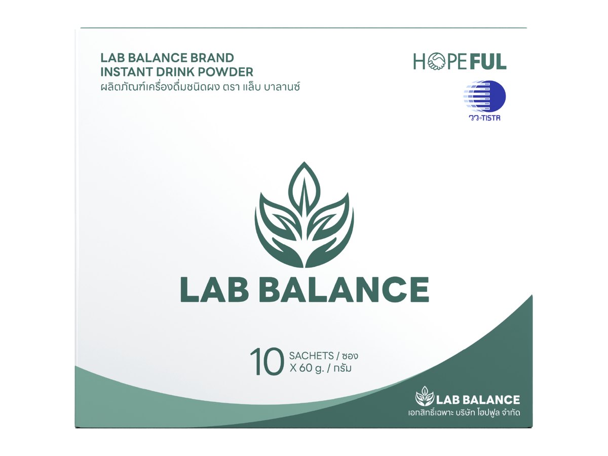 กล่องผลิตภัณฑ์เครื่องดื่มชนิดผง LAB BALANCE ของแบรนด์ Hopeful ด้านหน้า ระบุขนาดบรรจุ 10 ซอง ซองละ 60 กรัม